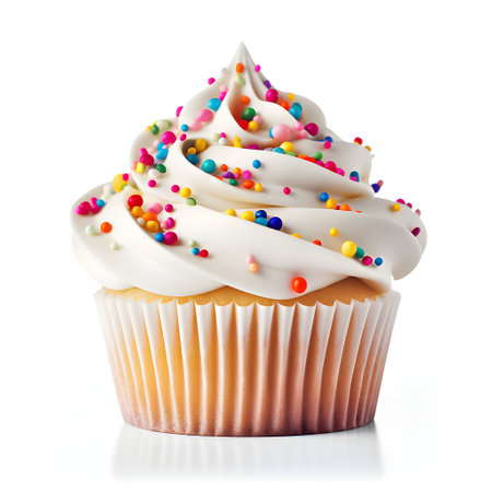 Cupcake with cream and colorful sprinkles isolated on white backgroundの素材