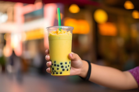 Papaya smoothie in plastic cup with straw on hand.の素材