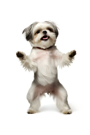 Shih Tzu standing in front of a white background and looking upの素材