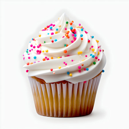 Cupcake with white frosting and colorful sprinkles isolated on white backgroundの素材