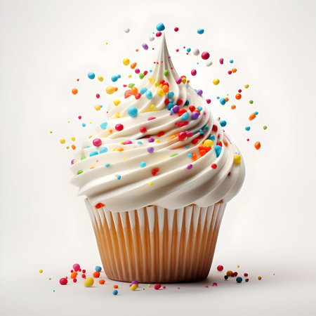 Birthday cupcake with whipped cream and colorful sprinkles isolated on white backgroundの素材