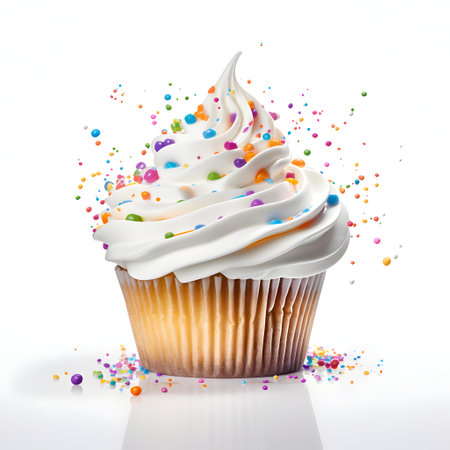 Cupcake with white frosting and colorful sprinkles isolated on white backgroundの素材