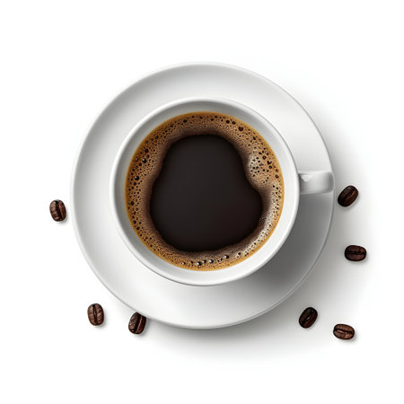 Cup of coffee with beans isolated on white background. Top view.の素材