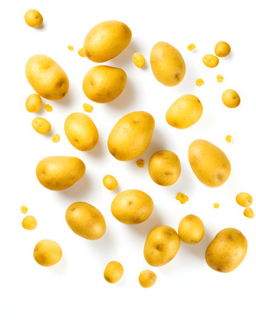 Fresh potatoes isolated on white background. Top view. Flat lay pattern.の素材