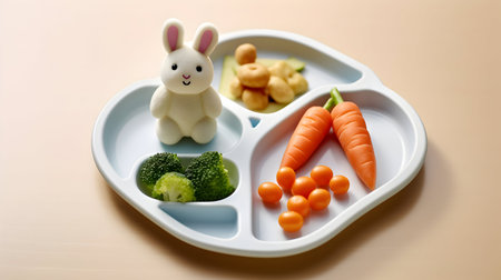 Healthy food for kids, heart shaped plate with vegetables and bunnyの素材