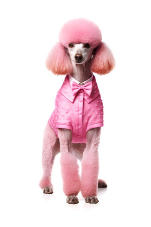 Toy poodle dressed in a pink suit isolated on a white backgroundの素材