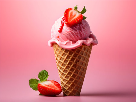 Strawberry ice cream in waffle cone on pink background.の素材