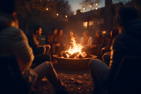 Group of friends having a bonfire in the park at night.の素材