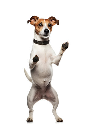 Jack russell terrier standing on hind legs isolated on white backgroundの素材