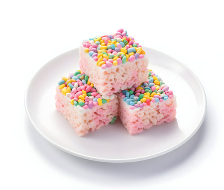 Japanese rice cakes with colorful sprinkles on white plate isolated on white backgroundの素材