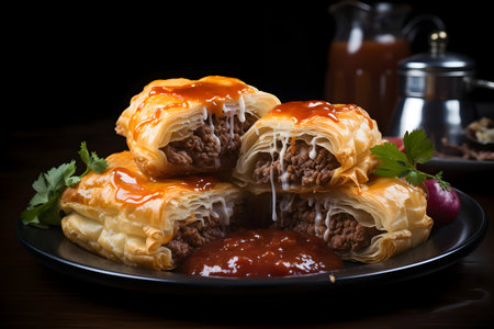 Puff pastry filled with meat on a black plate on a wooden tableの素材