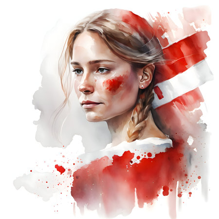 Portrait of a beautiful girl with the flag of Denmark painted on her faceの素材