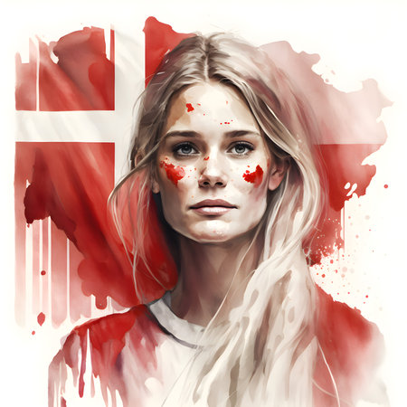 Portrait of a girl with the flag of Denmark painted on her faceの素材