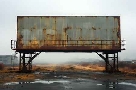 Abandoned industrial building with rusty metal wall in foggy dayの素材