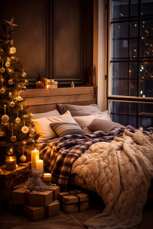 New Year's interior with Christmas tree, gifts and a bed.の素材