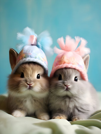 Two cute little rabbits in easter hats on a blue background.の素材