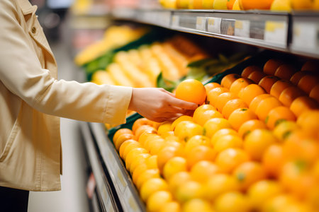 cropped shot of woman choosing ripe oranges in supermarket, focus on handの素材