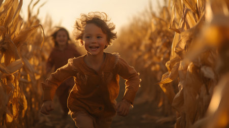 Little boy running in corn field at sunset. Happy child having fun in corn field.の素材