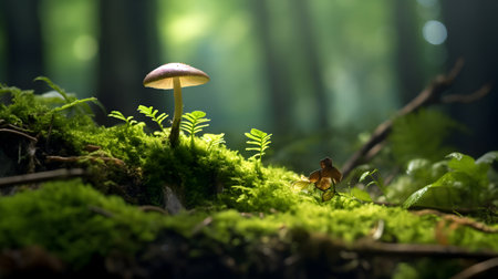 Mushroom in the forest with moss and bokeh backgroundの素材