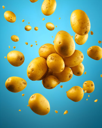 Falling potatoes on blue background. Fresh organic vegetables. 3d renderingの素材