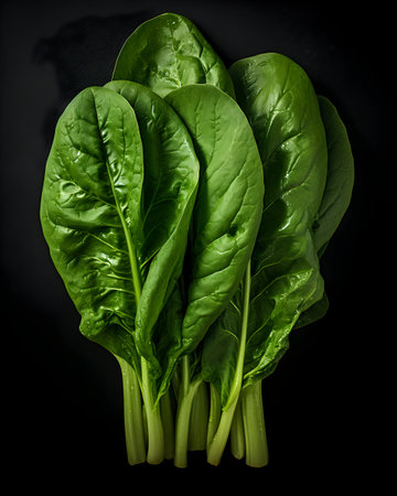 Bunch of fresh green spinach on black background, top view.の素材