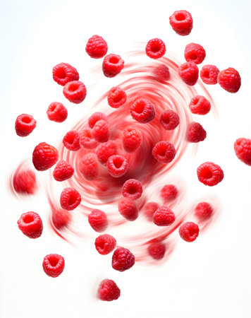 Raspberries on a white background. Raspberries in motion.の素材