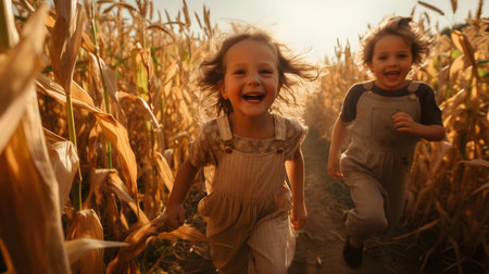 Two little girls running through a corn field on a sunny summer dayの素材