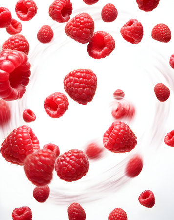 Raspberry falling into the water on a white background. 3d renderingの素材