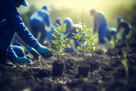 Planting seedlings in the ground. People are planting trees.の素材