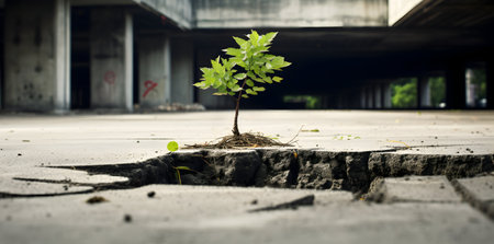 Tree growing from crack in concrete floor, business concept of new lifeの素材