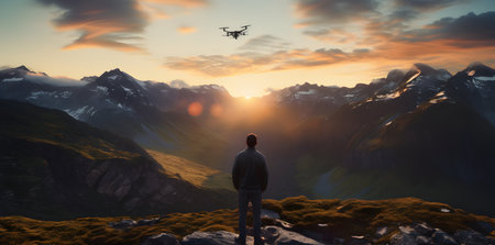 Businessman watching a drone flying over the mountains. 3d renderingの素材