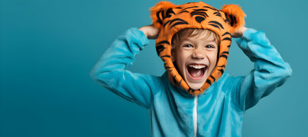 excited boy in tiger costume on blue background, panoramic shotの素材