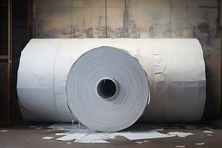 Rolls of white paper in a textile factory, closeup of photoの素材