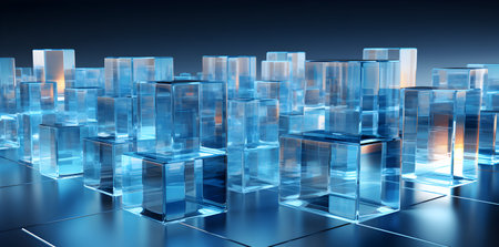 3d render, abstract blue background with glass cubes. Cubes on a dark backgroundの素材