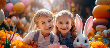 Two cute little girls with Easter bunny and colorful flowers at the fair.の素材