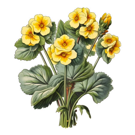 Beautiful watercolor bouquet of yellow primroses isolated on white backgroundの素材