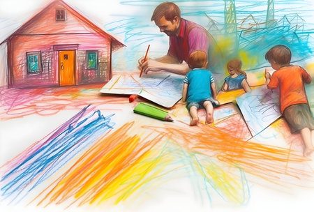 Father and children drawing a house with colorful pencils. Children's drawing.の素材