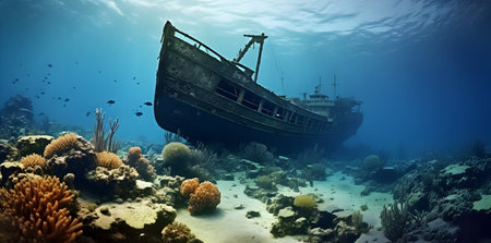 Underwater view of a sunken shipwreck on a coral reefの素材