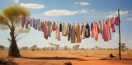 Clothes drying on a clothesline in the outback of Australiaの素材
