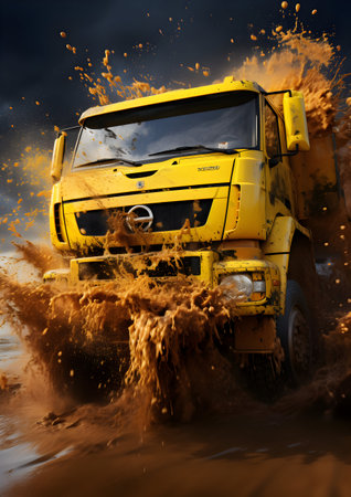 Yellow off-road vehicle splashing in the mud. 3d renderingの素材