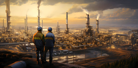Industrial workers standing in front of oil refinery plant at sunset.の素材