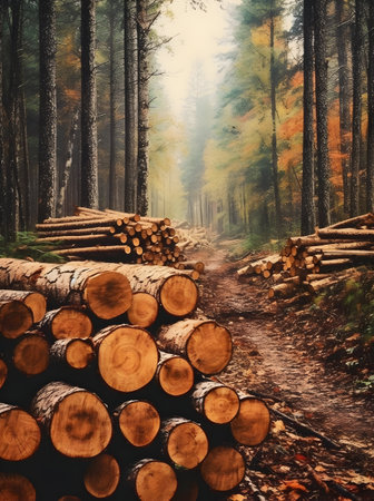 Woodpile of cut tree trunks in the forest in autumnの素材