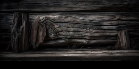 Wooden wall and shelf in the dark room. 3d renderingの素材