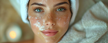 Beautiful young woman with towel on head applying clay facial mask.の素材