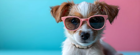 Cute little dog with pink sunglasses on a blue background. Selective focus.の素材