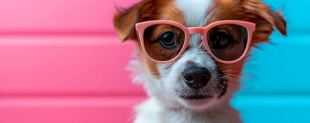 Cute dog with pink glasses on pink background, close-upの素材