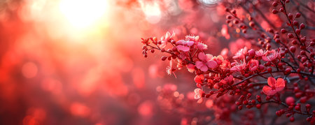 Blossoming sakura branch with pink flowers on a blurred background.の素材