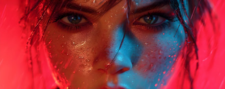 Close-up portrait of a beautiful girl in red and blue light.の素材