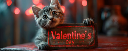 Cute tabby kitten with a sign for Valentine's Day.の素材