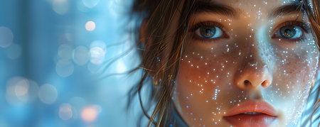 Portrait of a beautiful girl with blue eyes and light on her face.の素材